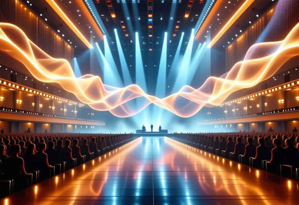 웅장한 공연장에서 빛의 파도가 무대를 가로지르는 장엄한 순간