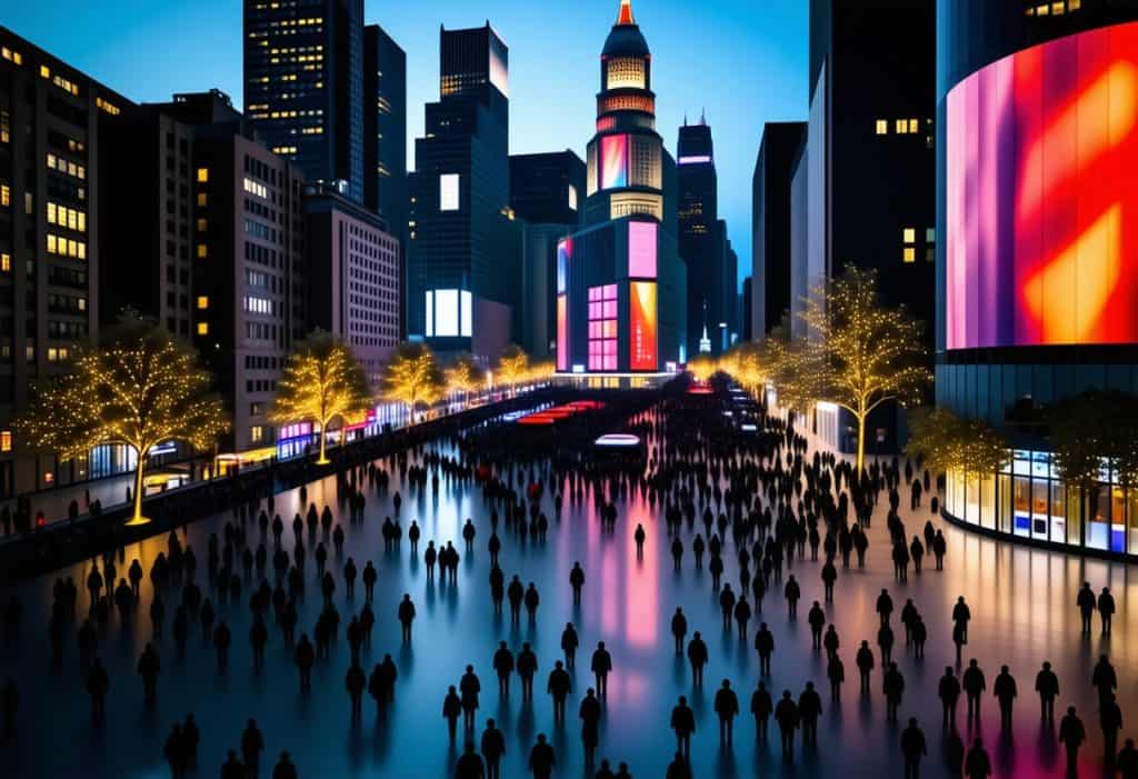 네온빛이 물든 도심 거리에서 수많은 인파가 모여드는 야경