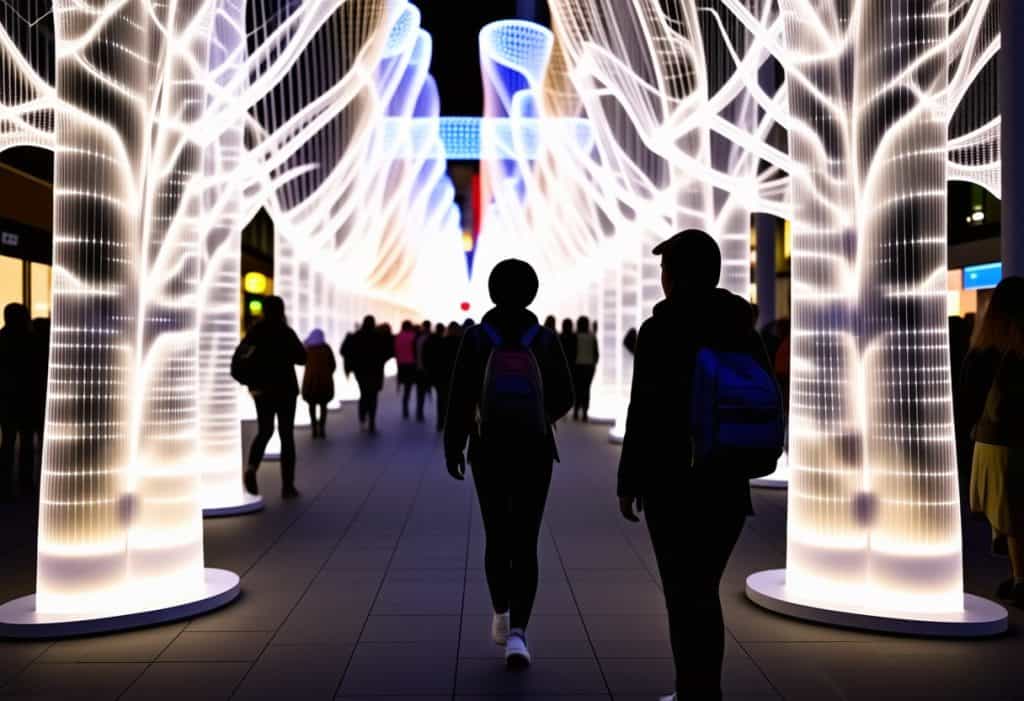 빛으로 장식된 터널 속을 사람들이 걸어가는 환상적인 거리 풍경