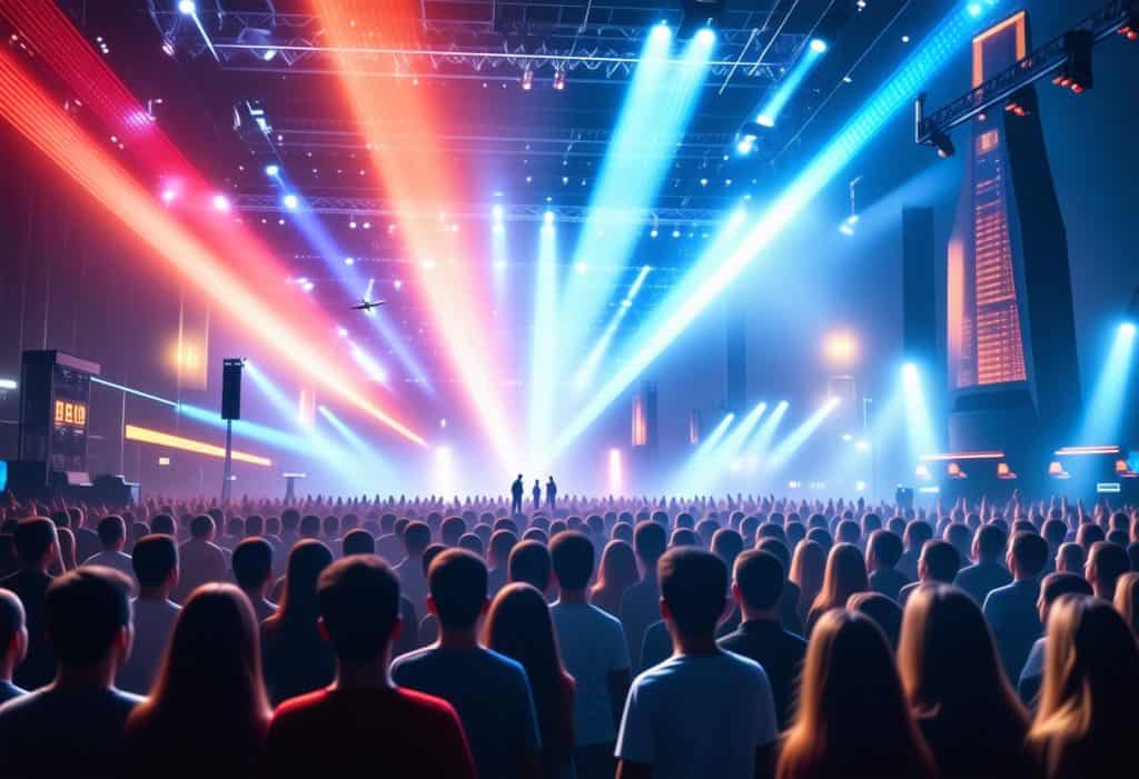 화려한 조명 아래 대규모 관객이 모여 공연을 즐기는 장면