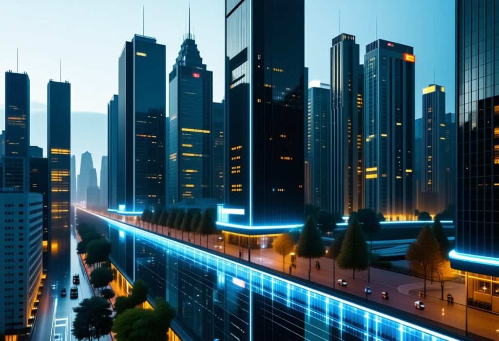 미래형 도시의 고층 빌딩들이 푸른빛 조명 속에서 반짝이는 야경