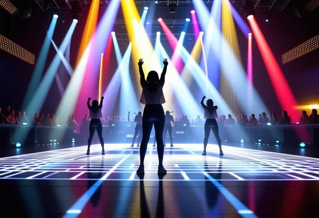 무대 위에서 빛과 함께 춤추는 사람들의 에너지가 가득한 공연 장면