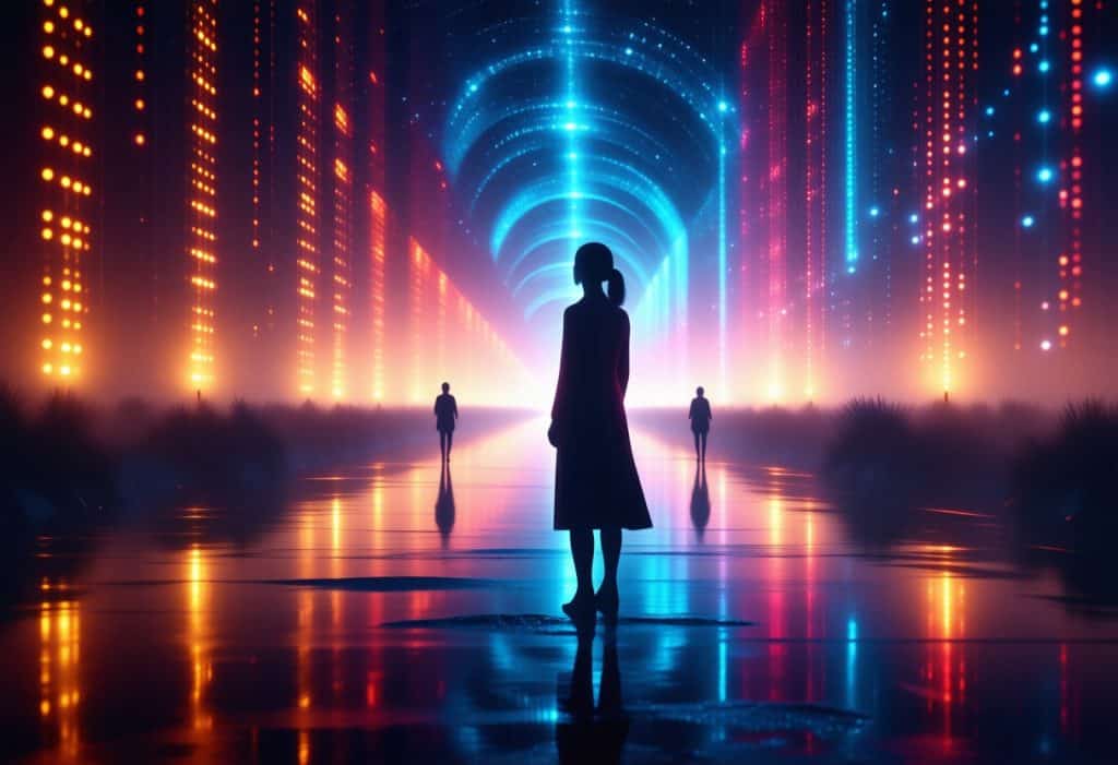 사람 실루엣들이 빛의 터널 속을 걸어가며 미래적 분위기를 연출하는 장면