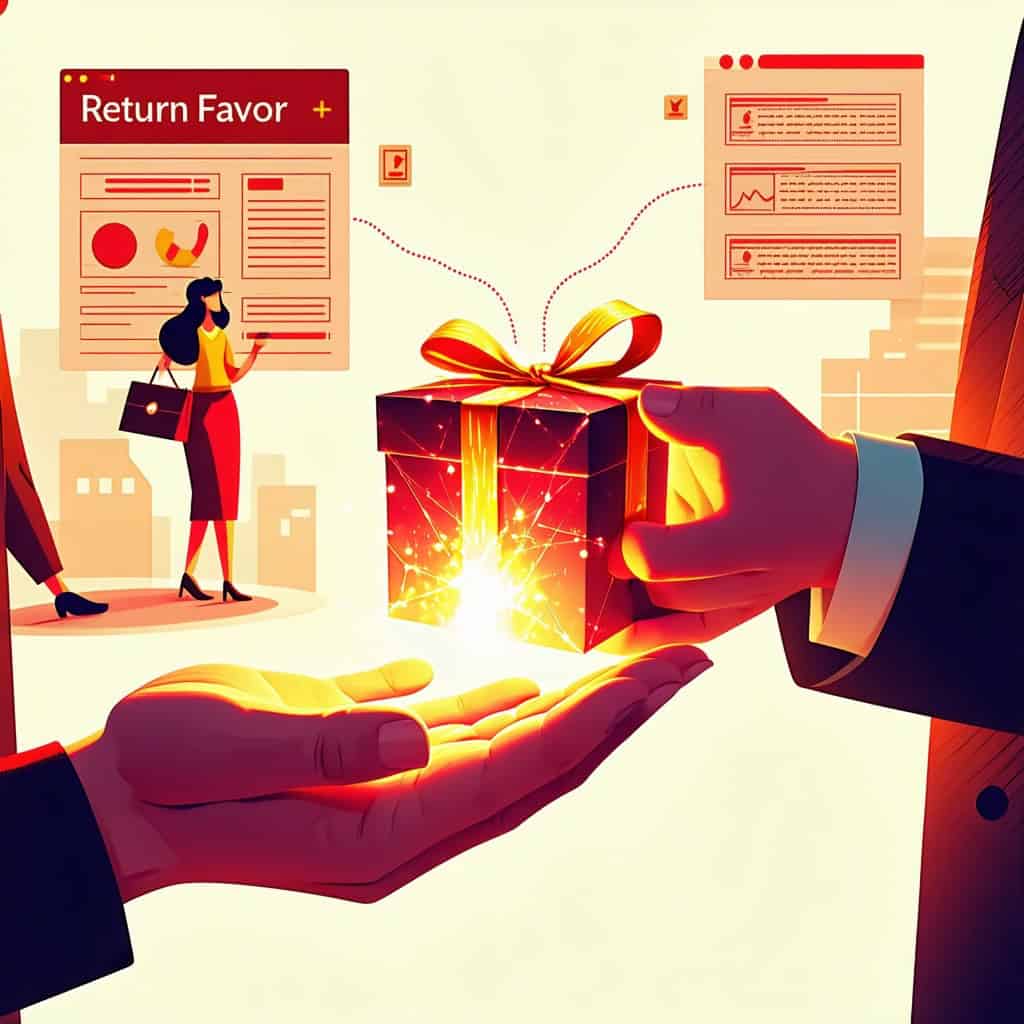 반짝이는 선물 상자를 건네는 손과 함께 보답 개념을 설명하는 그래픽 요소가 배경에 배치된 이미지