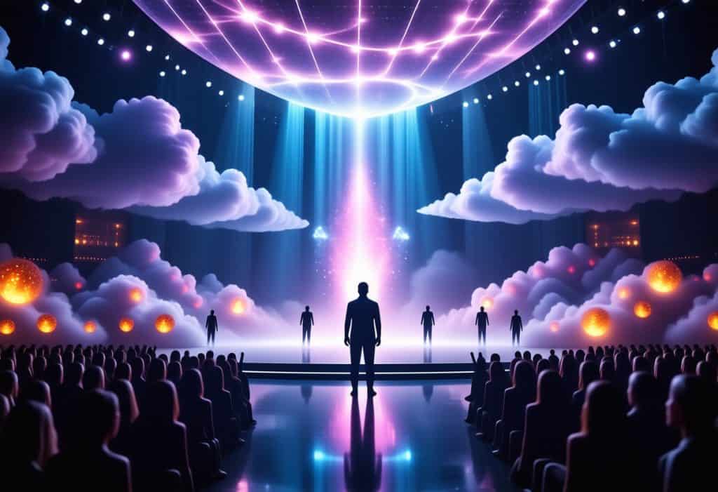 구름과 빛으로 채워진 무대 위에서 인물들이 서 있고, 중앙에서 찬란한 빛이 하늘로 뻗어 오르는 장엄한 장면