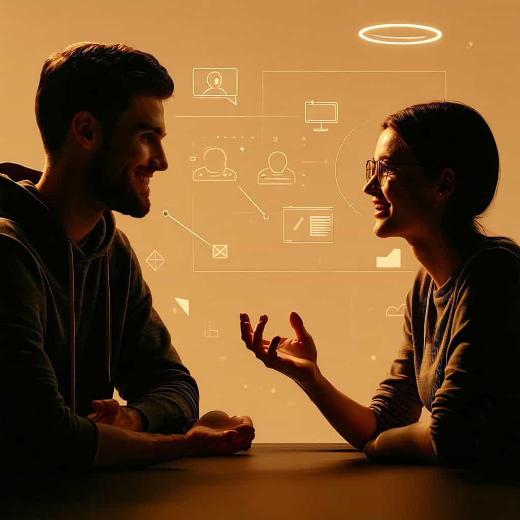 따뜻한 조명 아래에서 두 사람이 미소를 나누며 대화를 나누고, 배경에 소통 아이콘이 떠 있는 장면