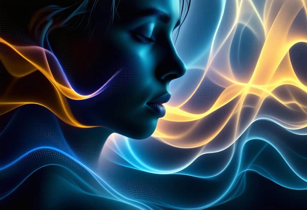 푸른빛과 주황빛이 어우러진 여성의 얼굴이 평온하게 감정을 표현하는 장면