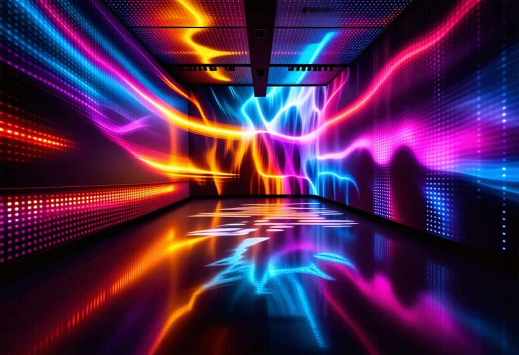 다양한 색의 빛이 벽면을 따라 흐르는 몰입형 디지털 공간