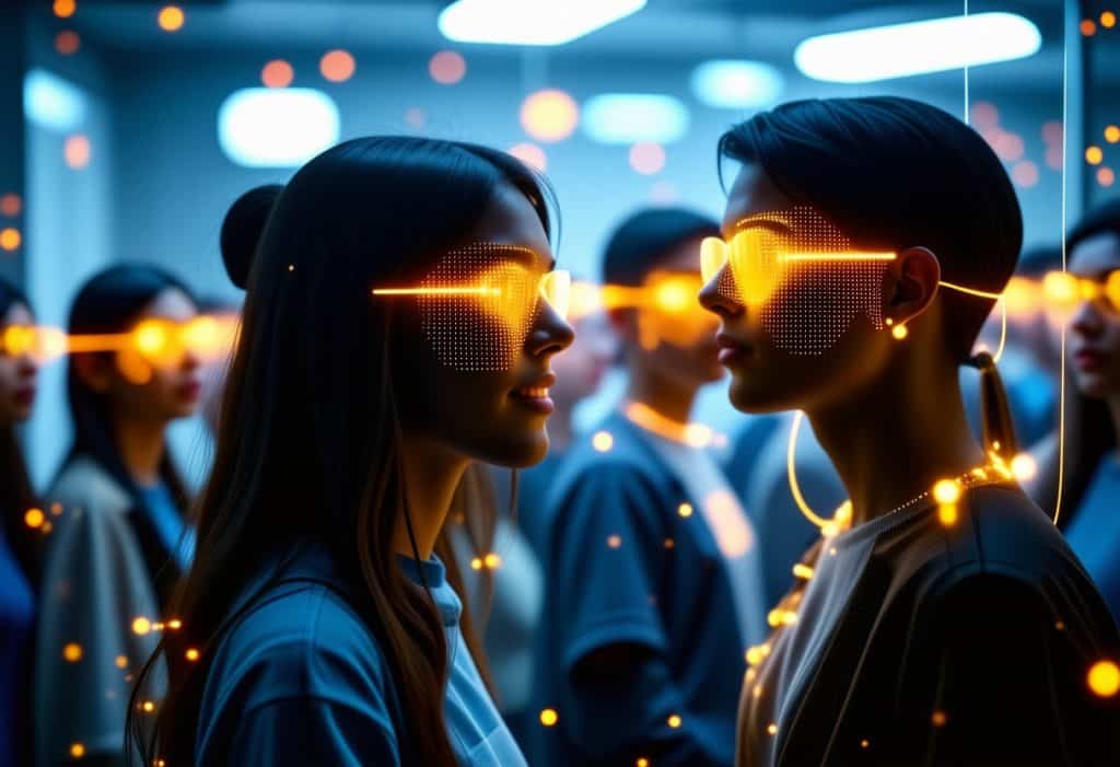 빛나는 오렌지색 데이터 안경을 쓴 두 사람이 서로 마주 보며 소통하는 장면