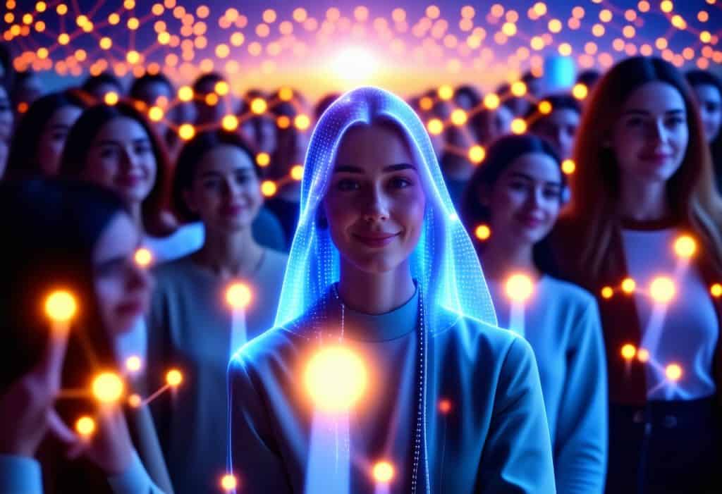 빛의 네트워크 속에서 미소 짓는 여성이 디지털 연결의 중심에 서 있는 모습