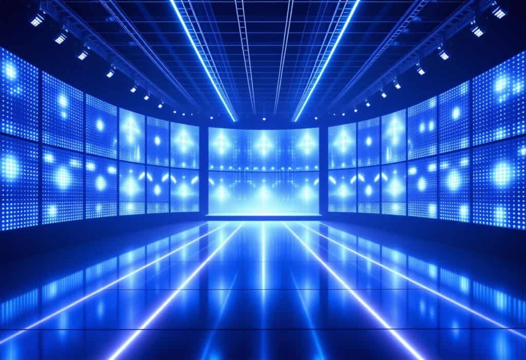 푸른빛 LED 조명이 가득한 미래형 무대 공간이 빛으로 물든 장면