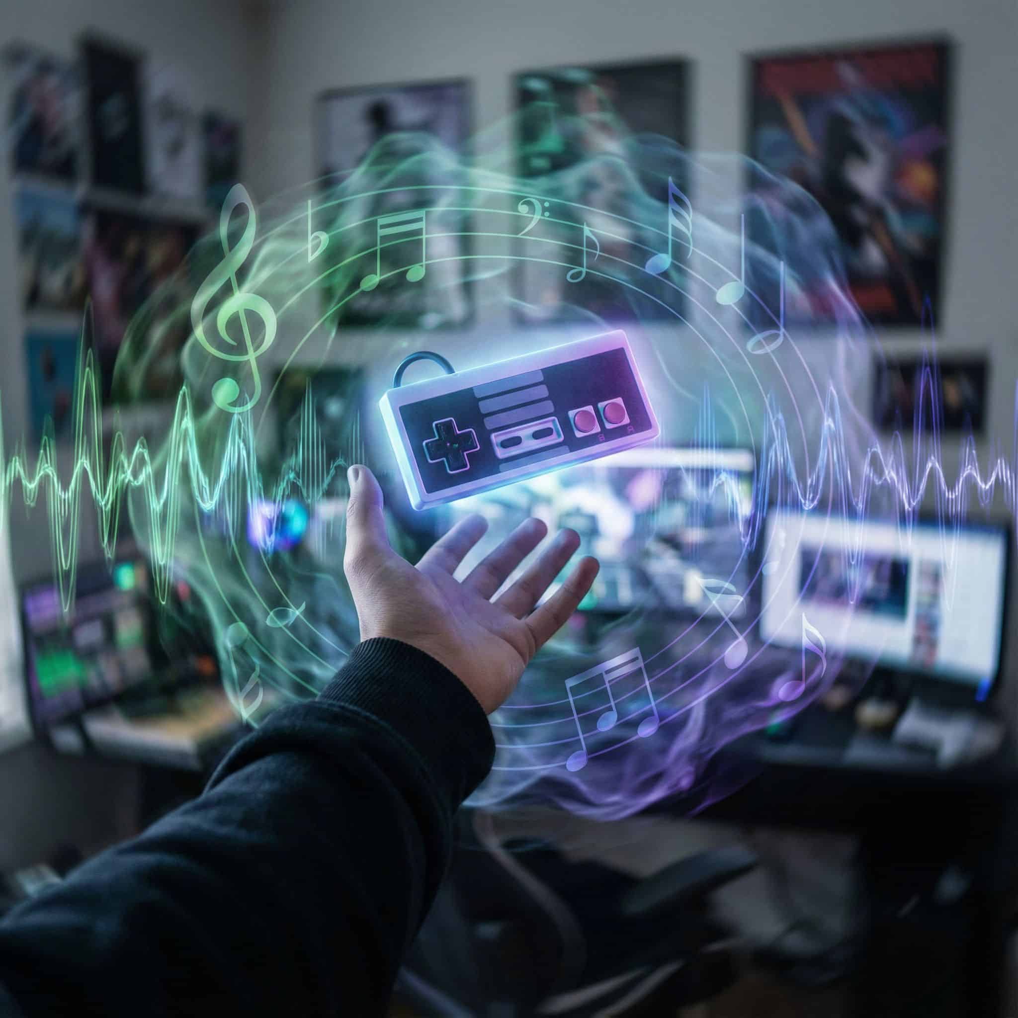 빛나는 게임 컨트롤러를 향해 뻗은 손이, 최면 걸린 듯 소용돌이치는 음표와 음파로 둘러싸인 모습이다.