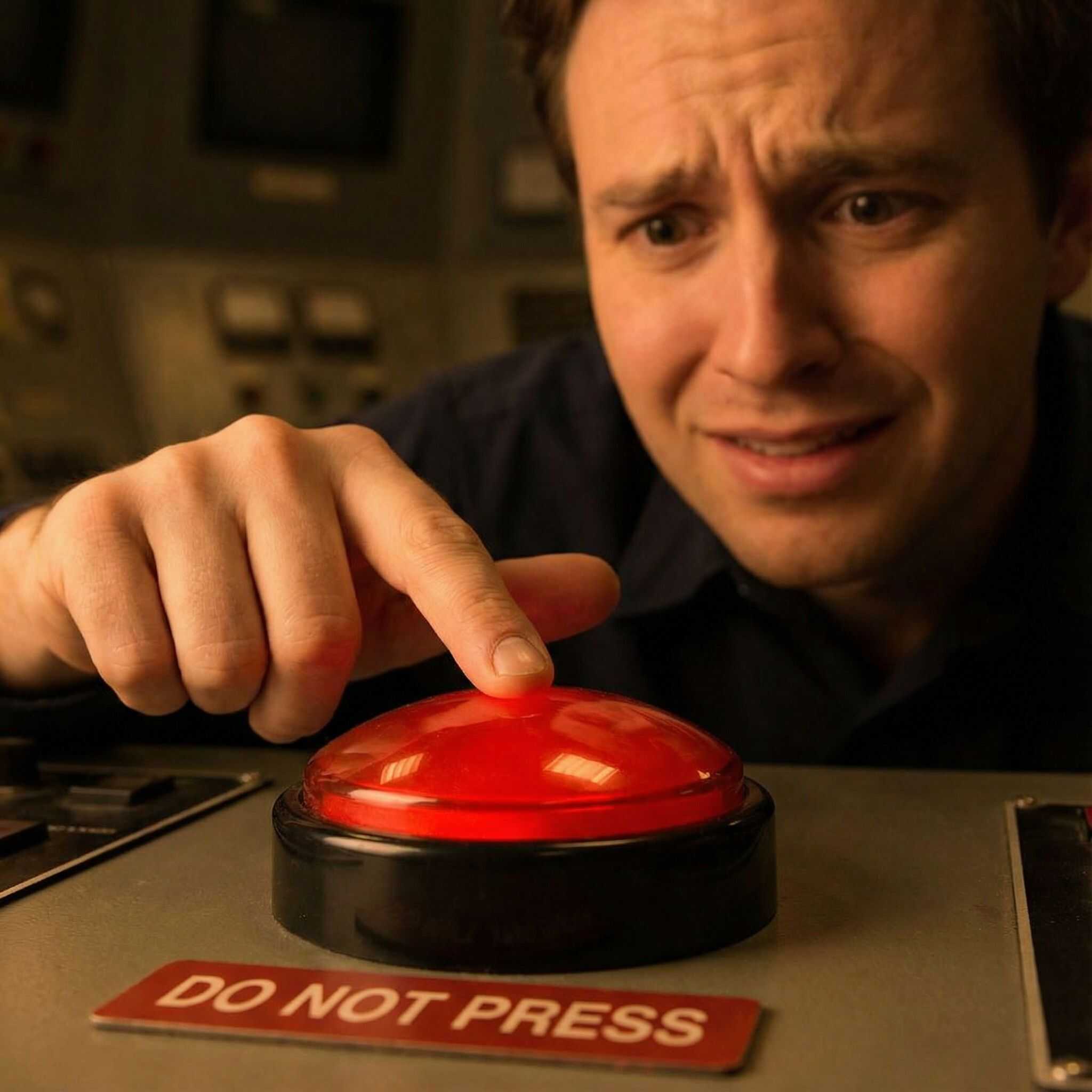 한 사람이 빛나는 커다란 빨간 버튼 위에 손가락을 올린 채 호기심과 갈등이 섞인 표정을 짓고 있습니다.