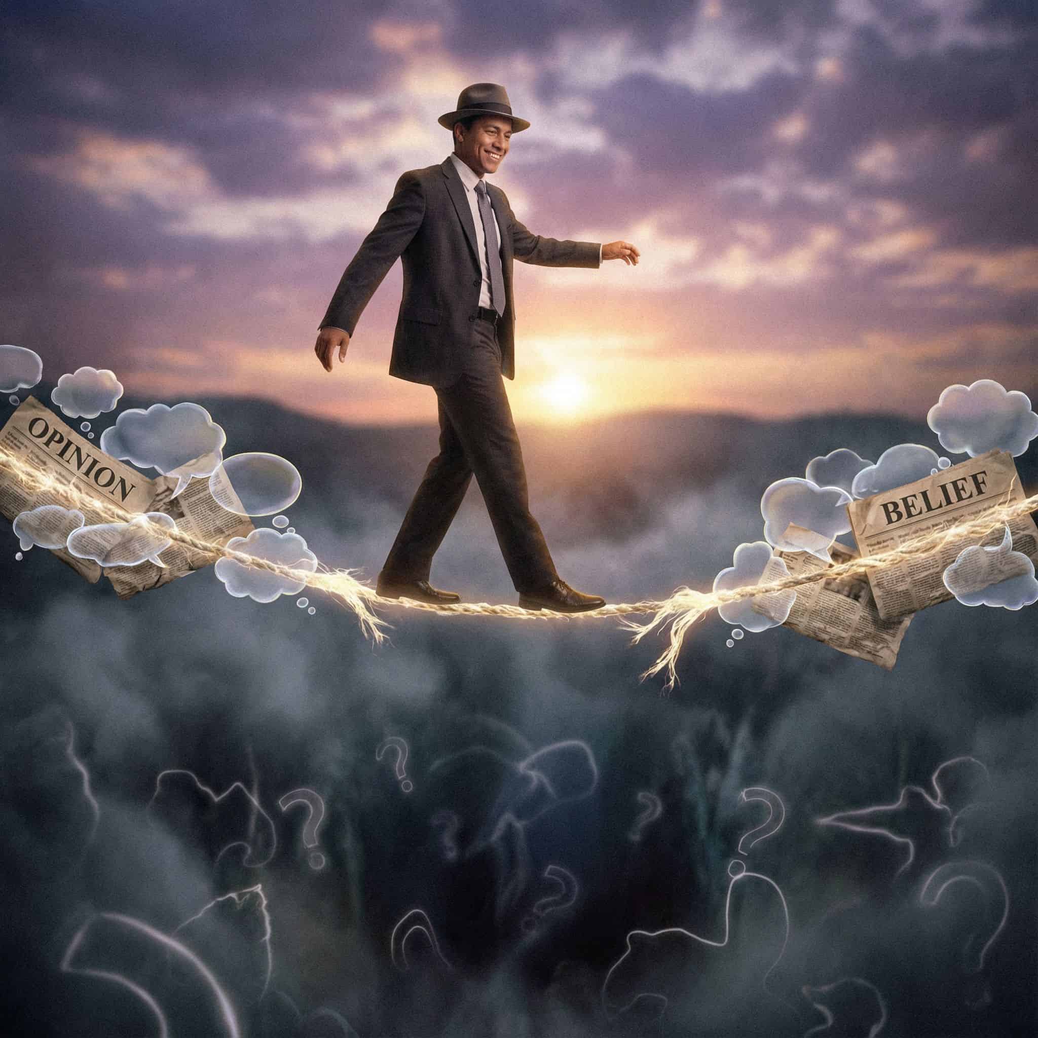 자신의 편향된 생각으로 이어진 줄타기를 무심히 건너는 사람이 개념적 심연 위에 서 있는 모습입니다.