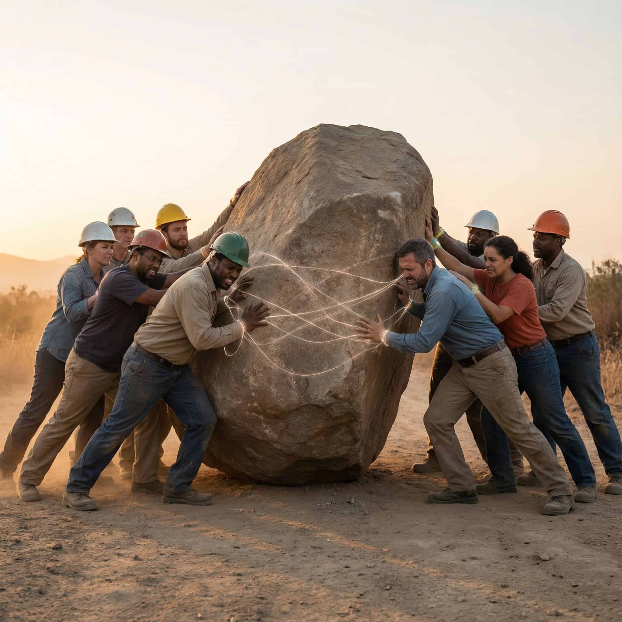 여러 사람이 서로 다른 방향으로 거대한 바위를 밀며 갈등하는 표정을 짓고, 보이지 않는 실타래가 그들을 얽히게 한 모습이다.
