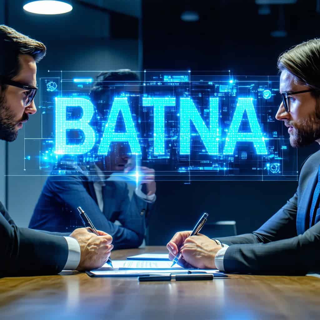 서류에 서명하는 두 정장 차림 남성 사이에 청색 홀로그램으로 'BATNA'라는 글자가 떠 있는 장면