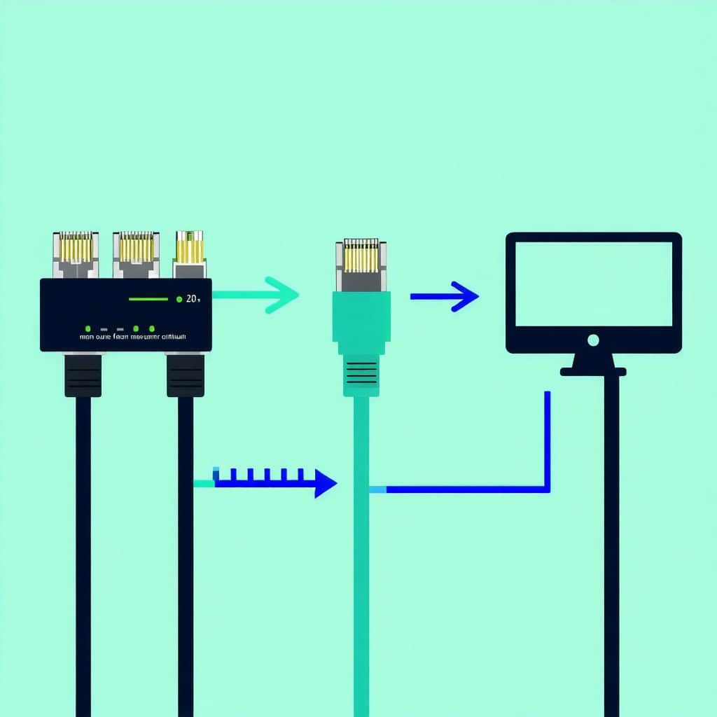 네트워크 스위치에서 이더넷 케이블을 통해 모니터로 연결되는 과정을 보여주는 민트색 배경의 다이어그램