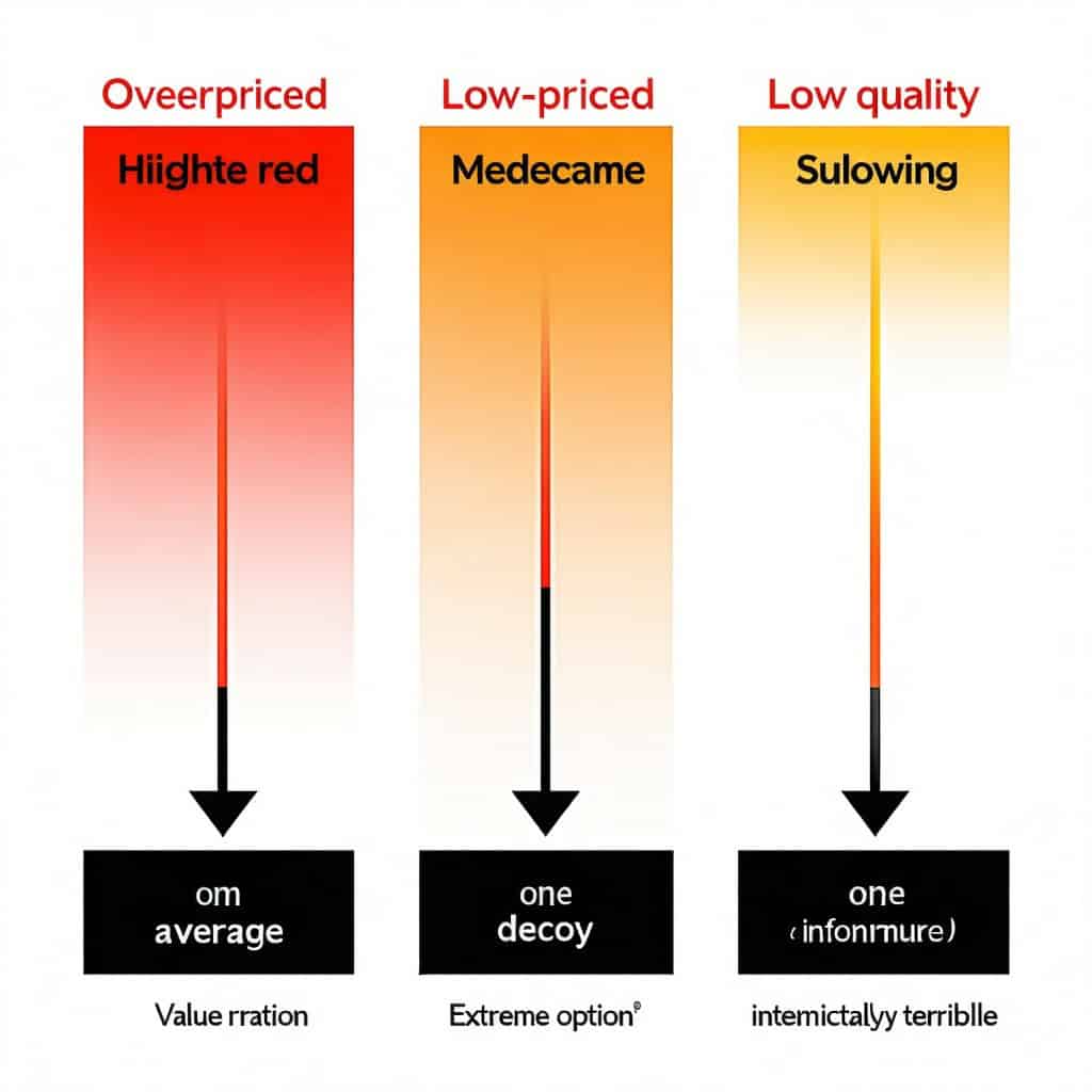 과가격·저가·저품질 옵션을 시각적으로 비교하며 미끼 효과(decoy effect)를 설명한 그래픽 이미지
