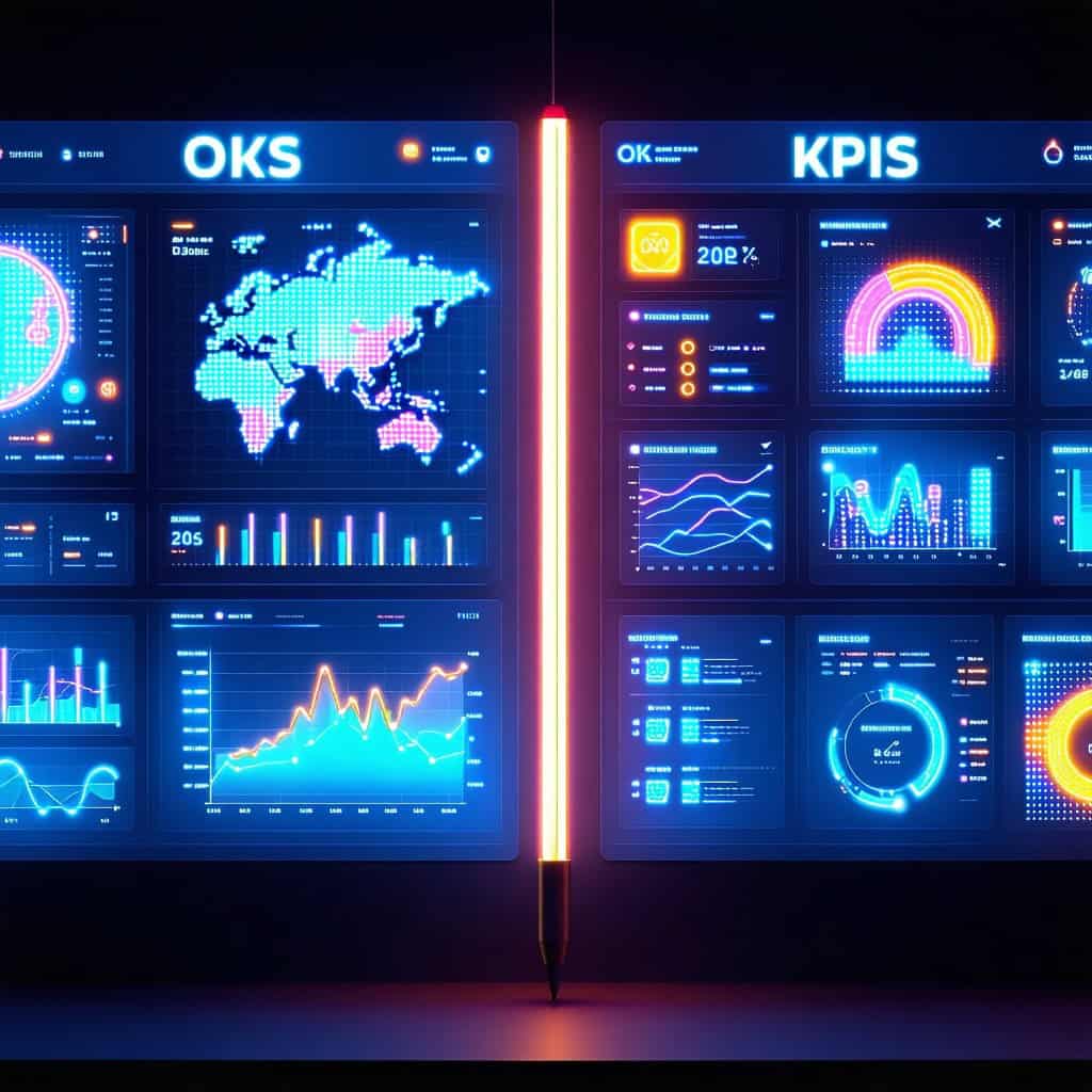 OKS와 KPIS 제목의 두 개의 대시보드 화면에 세계 지도, 그래프, 차트 등 다양한 데이터 시각화가 표시된 모습