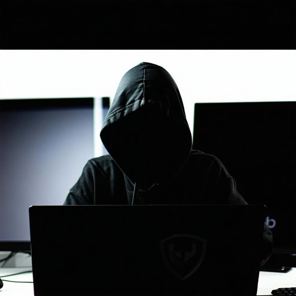 어두운 방에서 후드를 쓰고 노트북 앞에 앉아 있는 익명의 해커 실루엣