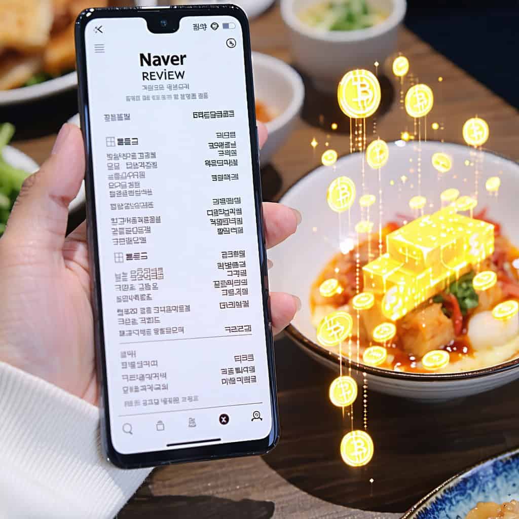네이버 리뷰 화면이 보이는 스마트폰을 든 손과 그 옆 음식 위로 떠오르는 황금빛 비트코인 아이콘들