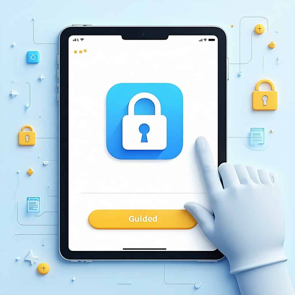 청색 자물쇠 아이콘과 'Guided' 버튼이 있는 태블릿 화면을 3D 손이 터치하는 보안 앱 인터페이스