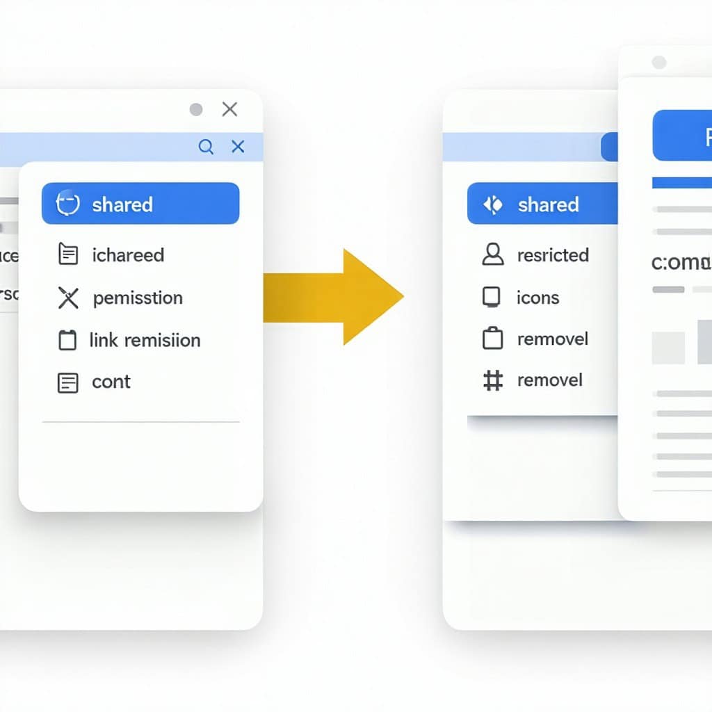 shared' 메뉴에서 permission, link remission 옵션이 restricted, removel로 변경되는 과정을 보여주는 UI 다이어그램