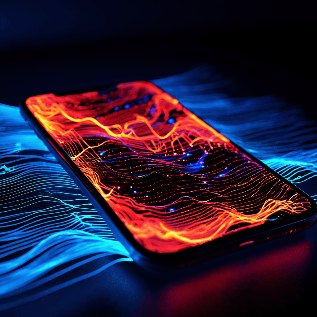 스마트폰 화면에 흐르는 선과 따뜻한 색상의 열 지도로 사용자의 디지털 행동 패턴을 시각화한 모습이다.