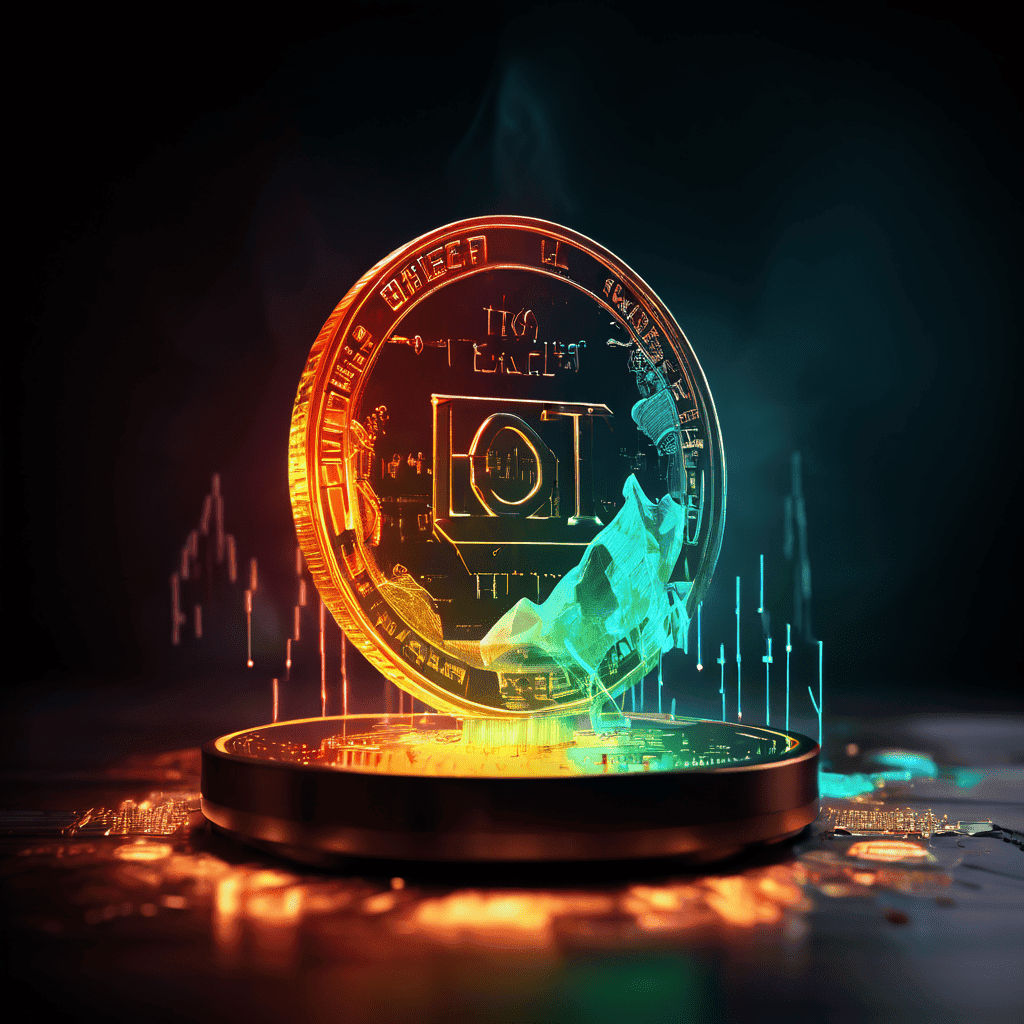 빛나는 디지털 코인이 시장 차트 위로 올라가는 한쪽과 불확실성의 어둠 속으로 가라앉는 다른 쪽의 저울 위에 놓여 있습니다.