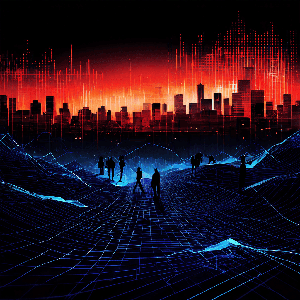 왜곡된 데이터 흐름과 그림자 같은 인물, 기울어진 그래프가 추상적인 디지털 풍경을 이루고 있습니다.