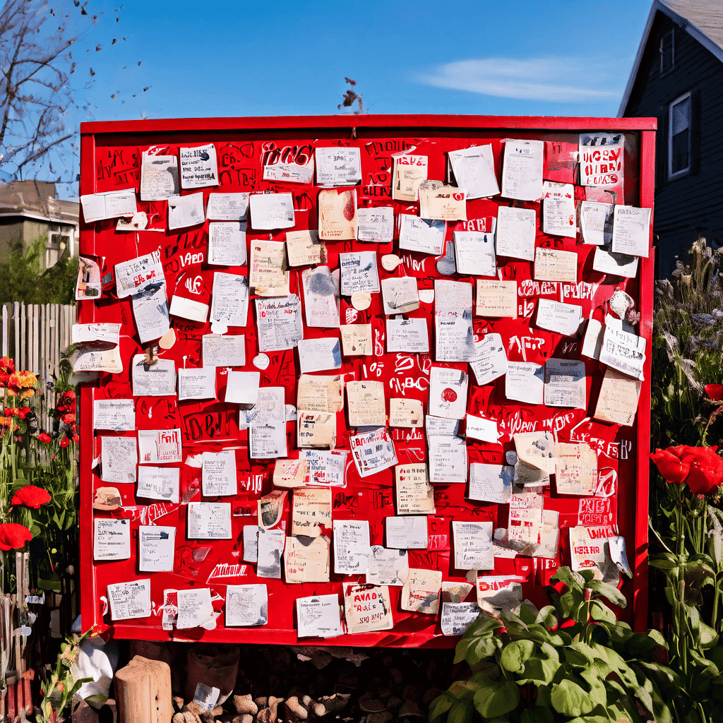 붉은 손실 경고 도장이 찍힌 전단지가 빼곡한 게시판이 다채로운 공동체 정원에 놓여 있습니다.